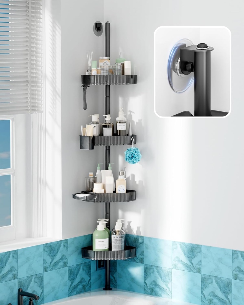 UNEEDE 60in Corner Shower Caddy Pole for Bathroom Bathtub,4 Tier Adjustable Height Acrylic Storage Shelves, Floor Standing Bath Rack for Bathroom,Large Capacity Easy Installation Shower Organizer