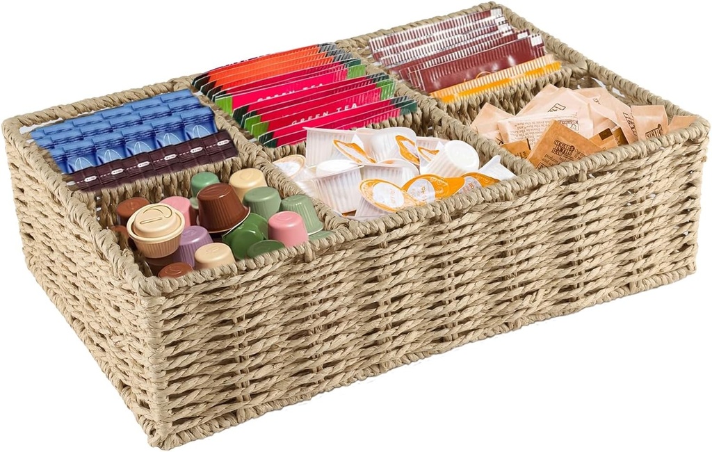 Tea Bag Organizer,Sugar Packet Holder,Tea Bag Holder,Handwoven Wicker Storage Basket with 6 Compartments,Coffee Station Organizer for Countertop,Kitchen Cabinets,Pantry,Hold Coffee Pods,Drink Packet