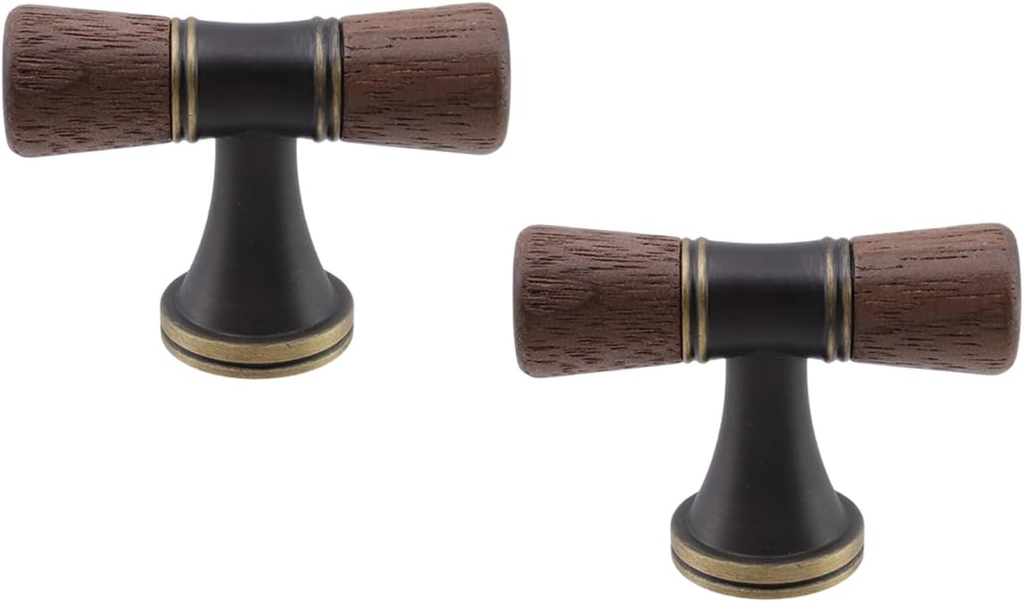 Wood T Knobs Wood Cabinet Pulls Handles Walnut Cabinet Pulls Brass Base Single Hole Drawer Pull 46mm/1.81" for Kitchen, Cupboard, Drawer, Cabinets,2 Pcs(Walnut and Black)