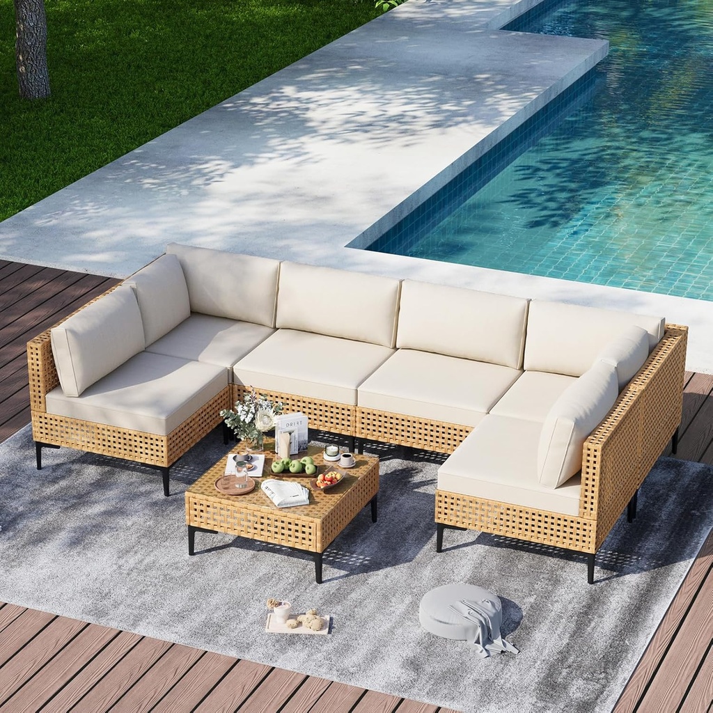 JULY'S SONG 7 Pieces Outdoor Patio Sectional with Table, Free Combination Modern Plus Seat Outside Wicker Sectional,All Weather Conversation Furniture Sets for Porch Patio