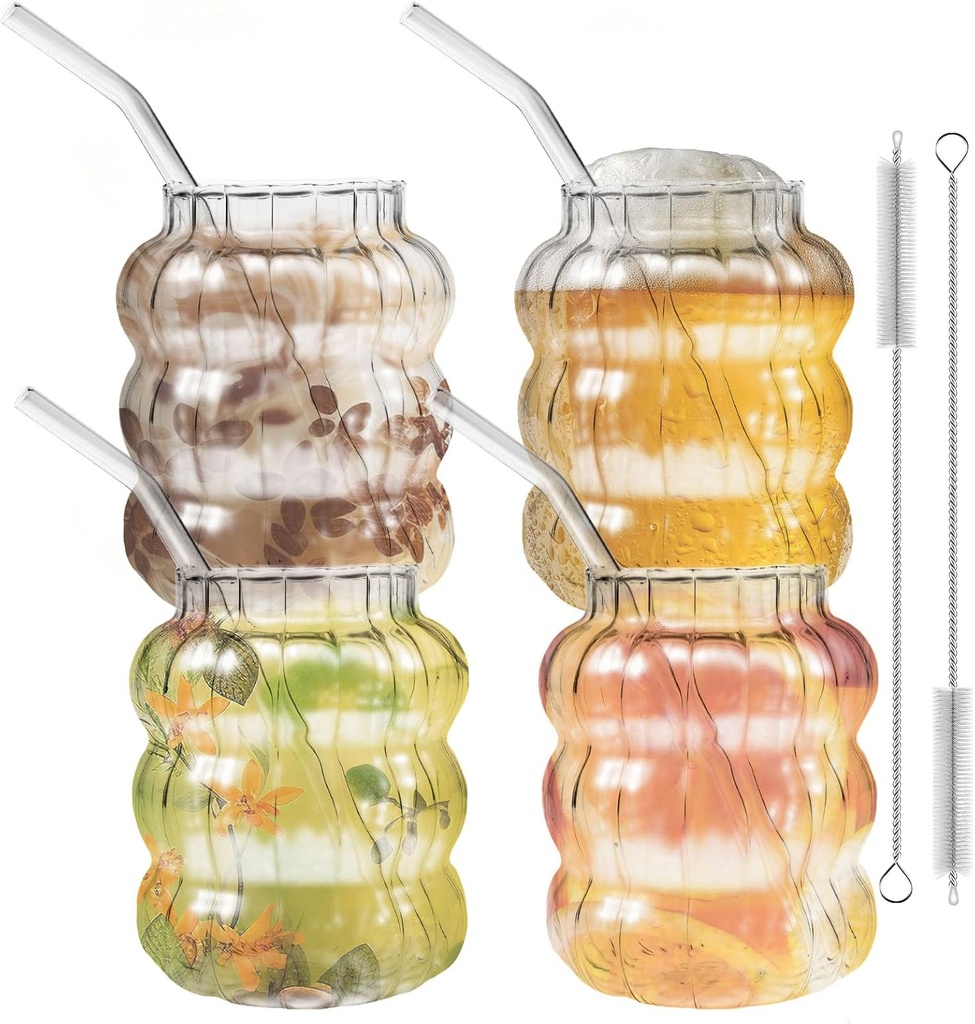 4 Pcs Creative Glassware Set Drinking Glasses with Glass Straw Aesthetic Cups Vintage Ribbed Glass Cups Cute Drinking Glasses for Tea Beer Water Cocktail Coffee (angle pipe)