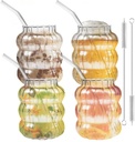 4 Pcs Creative Glassware Set Drinking Glasses with Glass Straw Aesthetic Cups Vintage Ribbed Glass Cups Cute Drinking Glasses for Tea Beer Water Cocktail Coffee (angle pipe)