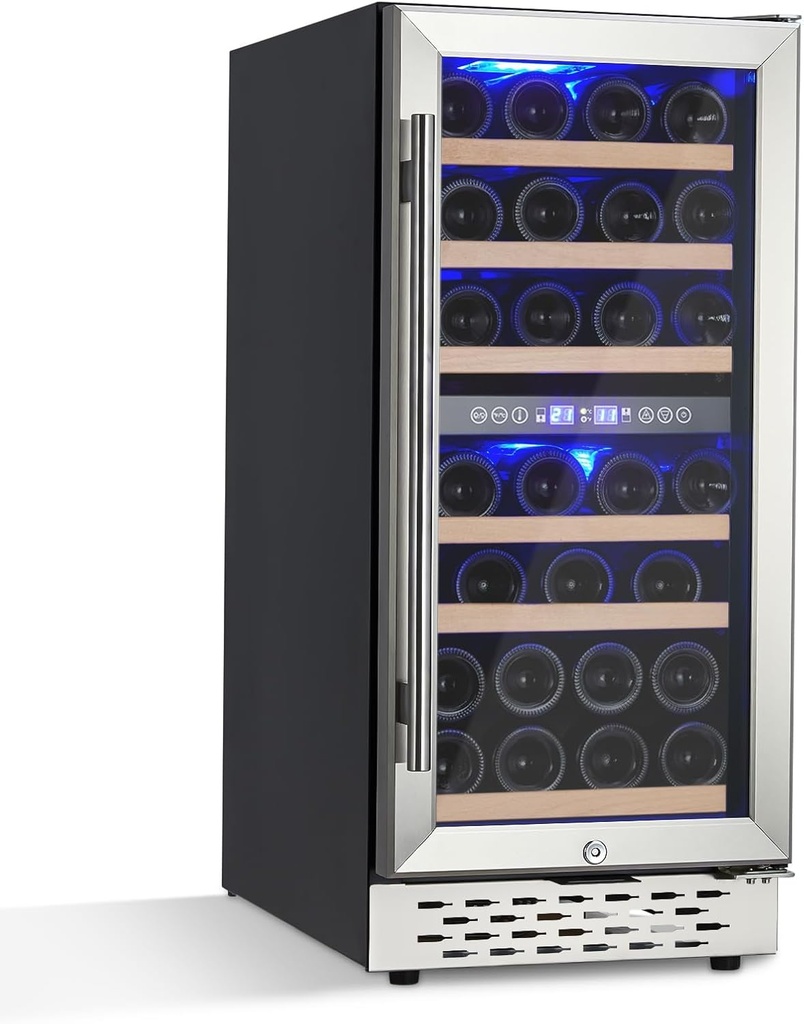 15 icnh Wine Cooler Refrigerator - 28 Bottle, Double-Layer Glass Door, Temperature Stable System, Digital Temperature Control, Single Area Dual Temperature, Built-in or Freestanding，with Lock