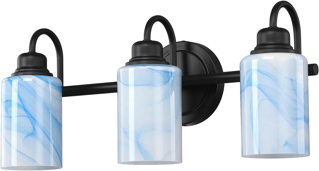 3 Lights Bathroom Light Fixtures, Black Bathroom Vanity Lights with Blue Glass Shade, Metal Bathroom Lighting Fixtures Over Mirror, Modern Sconce Wall Lamp for Living Room Bedroom Farmhouse
