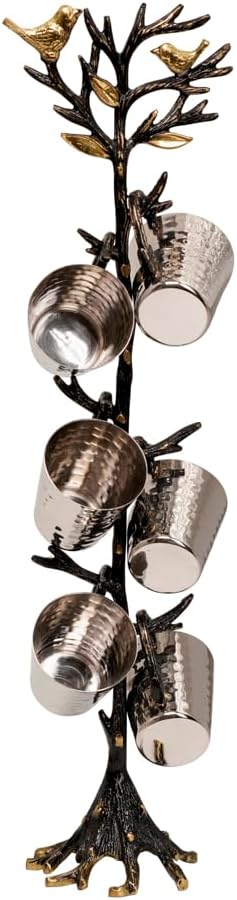 EMANUEL Yair Kiddush Cup Set - Hammered Metal Wine Cups on Tree of Life Stand - Set of 6