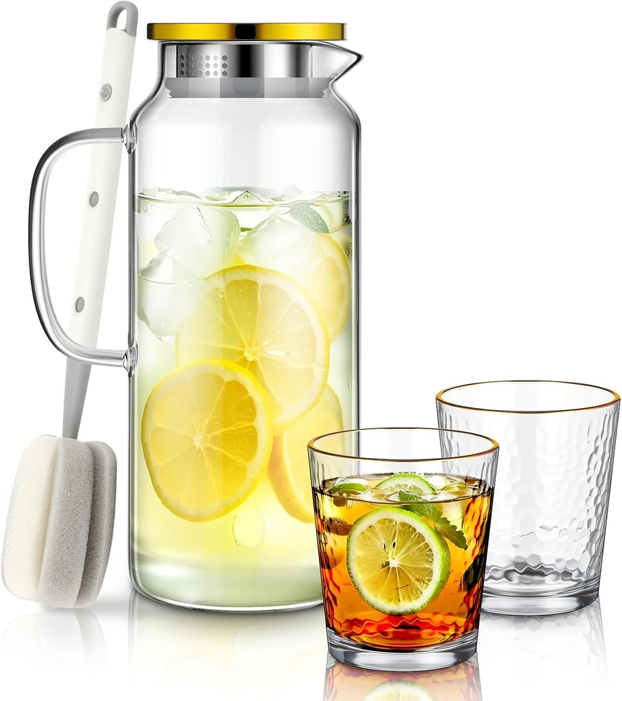 2 Liter 68 oz Glass Pitcher with Lid and Spout, 2 Cups with Gold Rim Summer Glass Jug Jar for Hot Cold Water Large Iced Tea Pitcher for Coffee Juice Homemade Beverage and Refrigerator