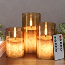 Ice Crystal Real Wax Glass Flameless Candles with Remote & Timer, Battery Operated Candles with Warm Flickering Flame, Realistic LED Candle for Wedding Home Decor [D3×H4/5"/6"] Gold, 3Pack