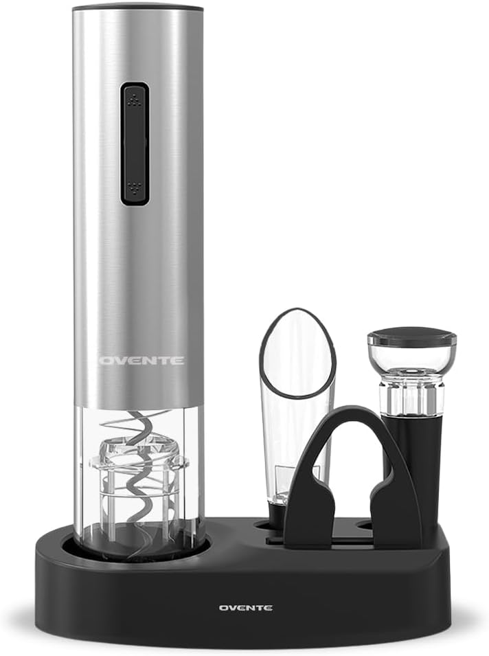 OVENTE Electric Wine Opener Set, Rechargeable Cordless Wine Corkscrew with Charging Base, Foil Cutter, Pourer and Vacuum Stopper, Ideal for Home Bar, Outdoor Parties and Christmas Gift, Silver WBR446S