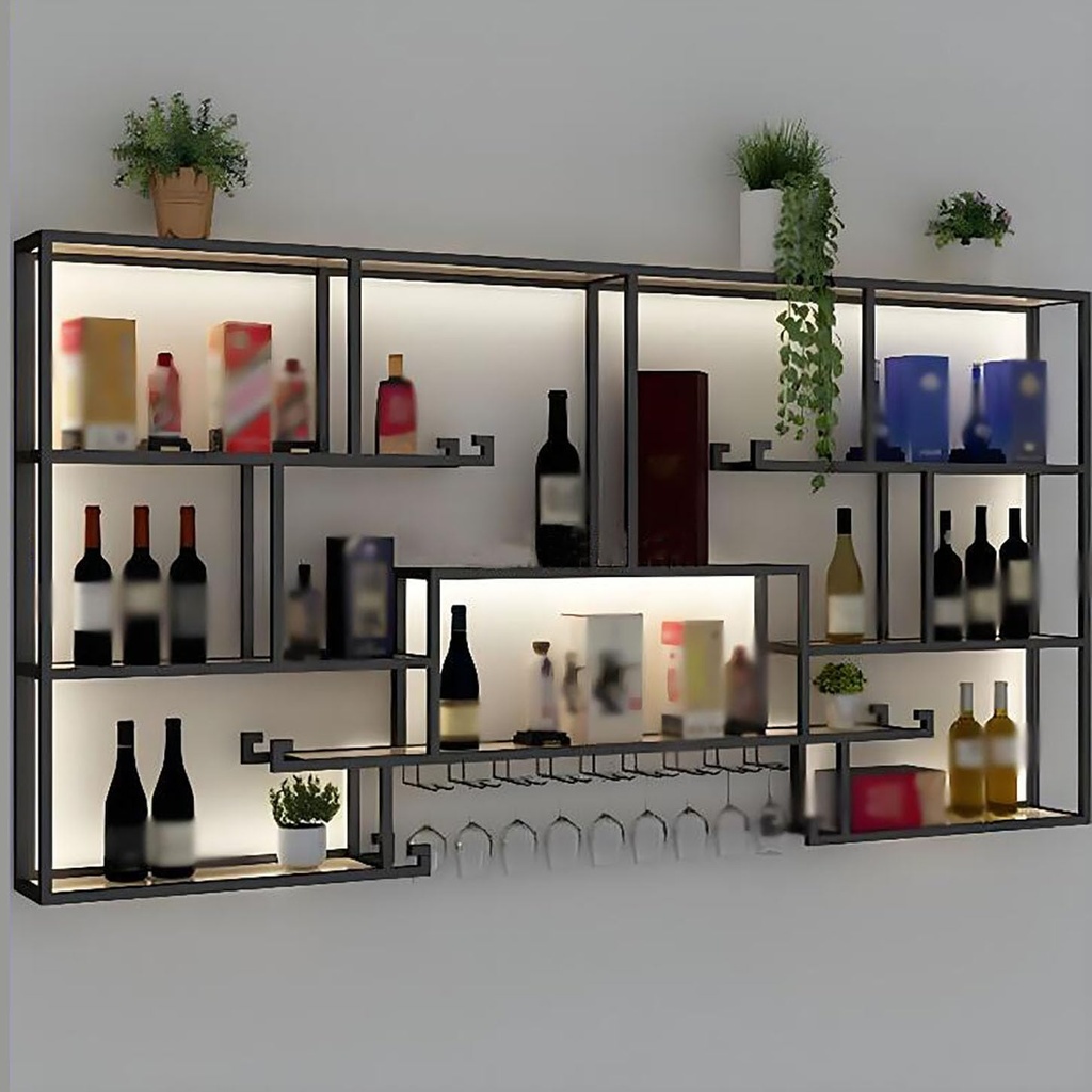 ICEMOB Metal Wine Bottle Holder,Lighted LED Glass Holders for Bar Shelf,Wall Mounted Wine Rack,Bottle Rack for Kitchen,Cellar,Home,Professional Wine Storage,Black,120CM