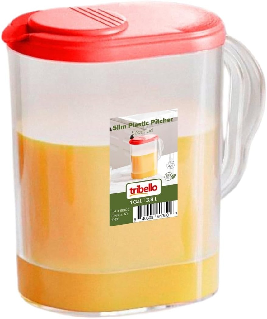 Tribello Pitcher with Lid 1 Gallon, Slim Clear Plastic Water Jug with Pivot-top Spout Lids, Iced Tea Pitcher for Fridge, Freezer/Dishwasher Safe, and BPA/Phthalate Free