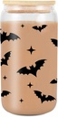 16 oz Bats Cup, Cute Halloween Cup, Halloween Birthday Gifts, Boo Basket Stuffers for Women, Men, Teen Girls, Goth Spooky Gifts Glass Tumbler w/Lid Straw