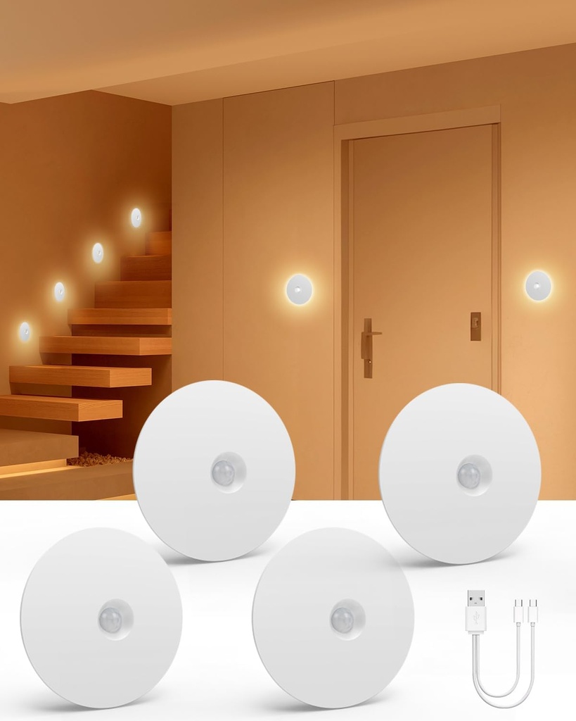 Yiliaw Motion Sensor Night Light, Rechargeable Stair Lights Indoor, Warm White with Wireless Magnetic Mount, Adjustable Brightness & 3 Color Temps for Hallway, Stairway, Bathroom, Closet (4 Pack)