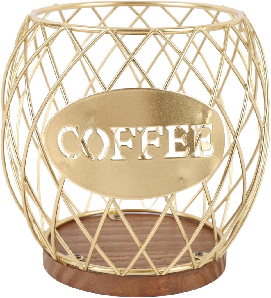 Coffee Pod Holder, Large Capacity Iron Wooden Base Coffee Pods Storage Organizer Modern Espresso Capsules Basket Decor for Home Coffees Bar (Gold)