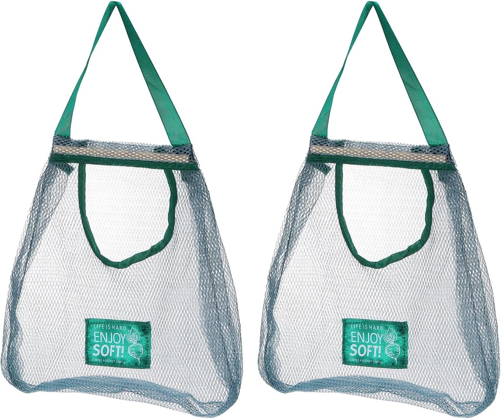 uxcell 2Pcs Hanging Mesh Storage Bag, Breathable Shopping Handbag, Reusable Produce Bag for Kitchen Fruit, Vegetable, 41x30cm (Green)