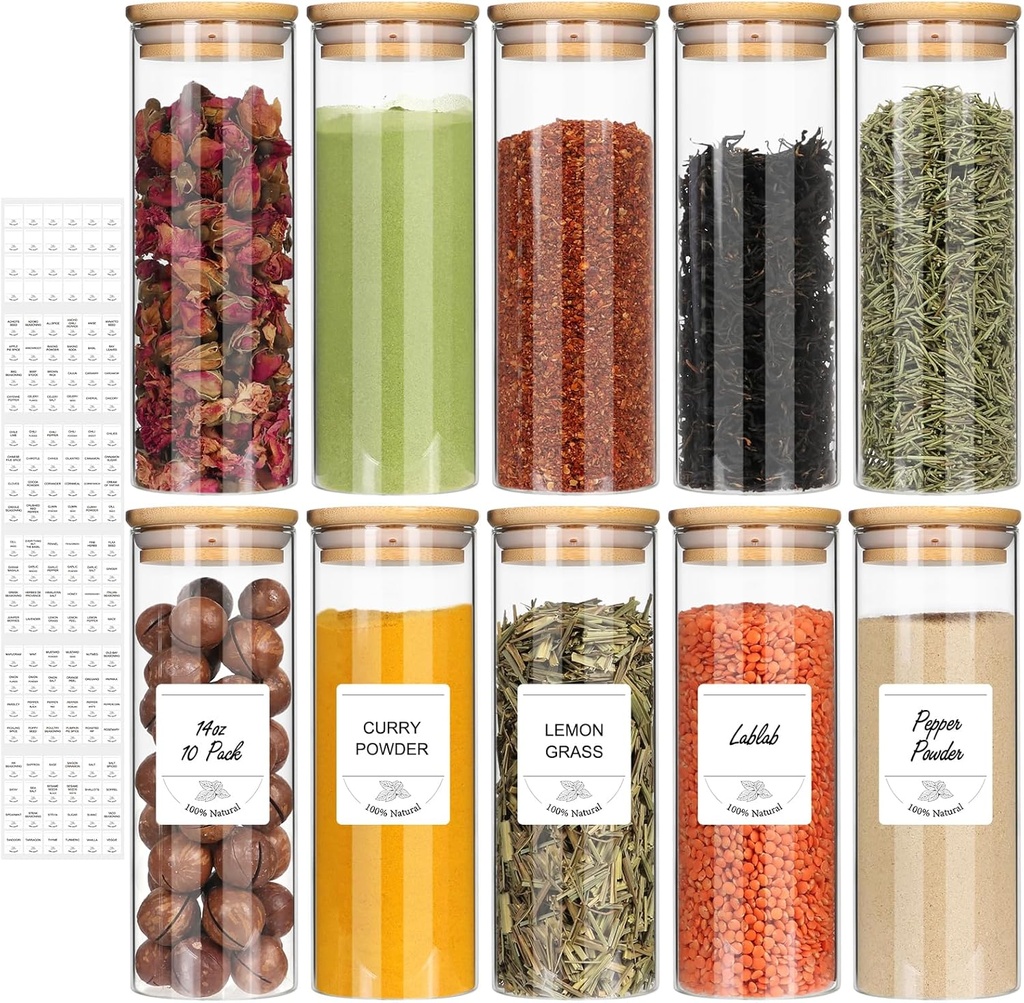 STARSIDE 14 oz Glass Jars with Bamboo Lids, Set of 10 Empty Spice Jars with LabelsSpice Containers,Airtight Food Storage Container,Glass Seasoning Organizer,Borosilicate Glass Canisters Sets