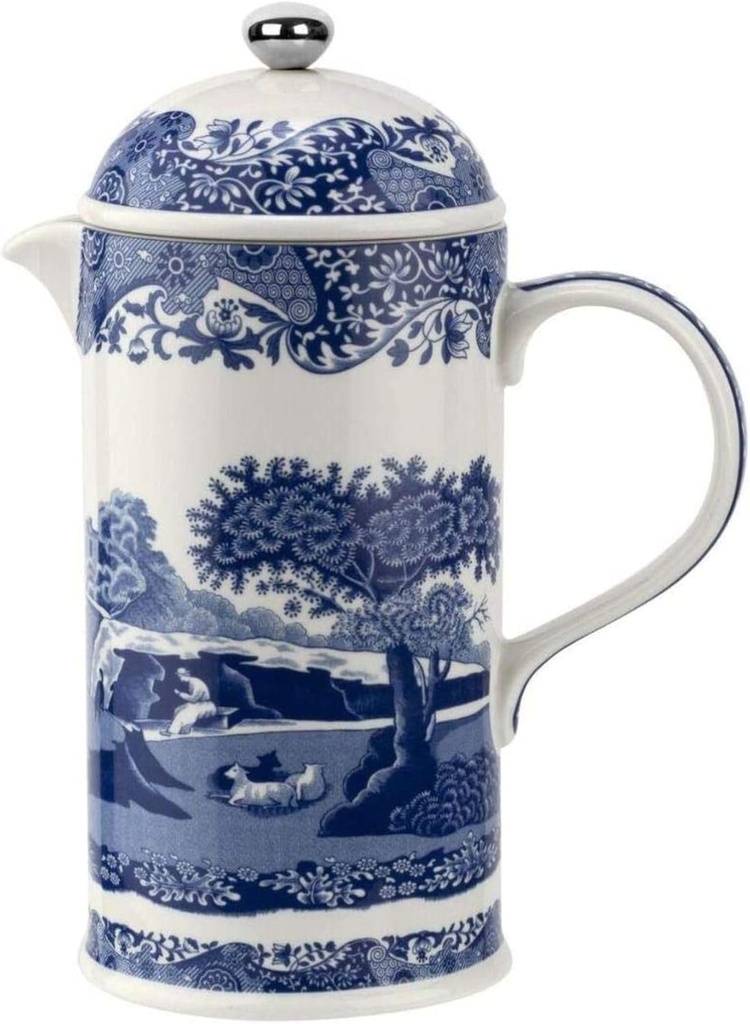 Spode Blue Italian Porcelain French Press with Stainless Steel Plunger - 28 oz Cafetiere for Manual Coffee Brewing, Coffee Cart Accessories, Countertop Cafetiere Station Display - Dishwasher Safe
