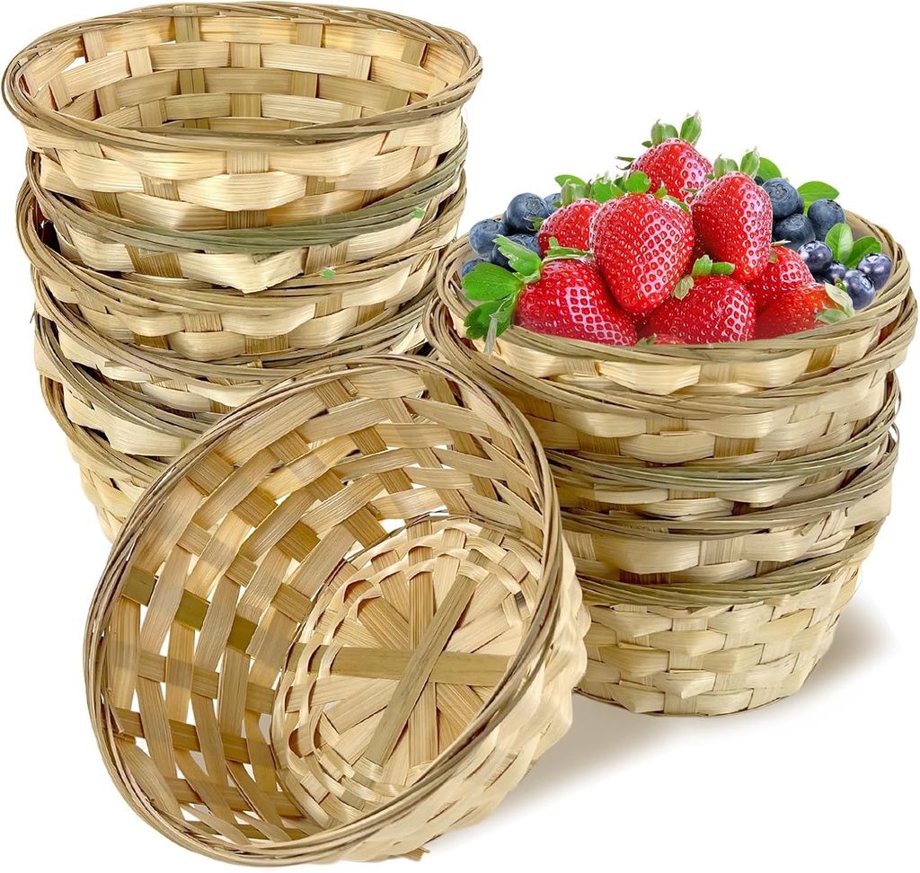 10 Pack Round Gift Baskets, 8 Inch Bamboo Woven Bread Basket Wooden Food Serving Boxes Handmade Storage Bin for Fruits Vegetables Snacks Kitchen Restaurant Thanksgiving Christmas