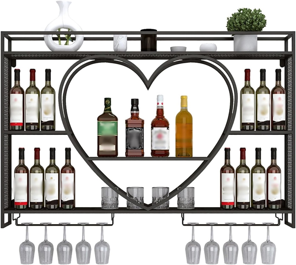 Wall Mounted Wine Rack with Glass Holder and Heart Shape Shelves Liquor Bottle Storage Display Stand for Living Room or Wine Cellar (Black 100x8)