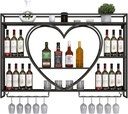 Wall Mounted Wine Rack with Glass Holder and Heart Shape Shelves Liquor Bottle Storage Display Stand for Living Room or Wine Cellar (Black 100x8)