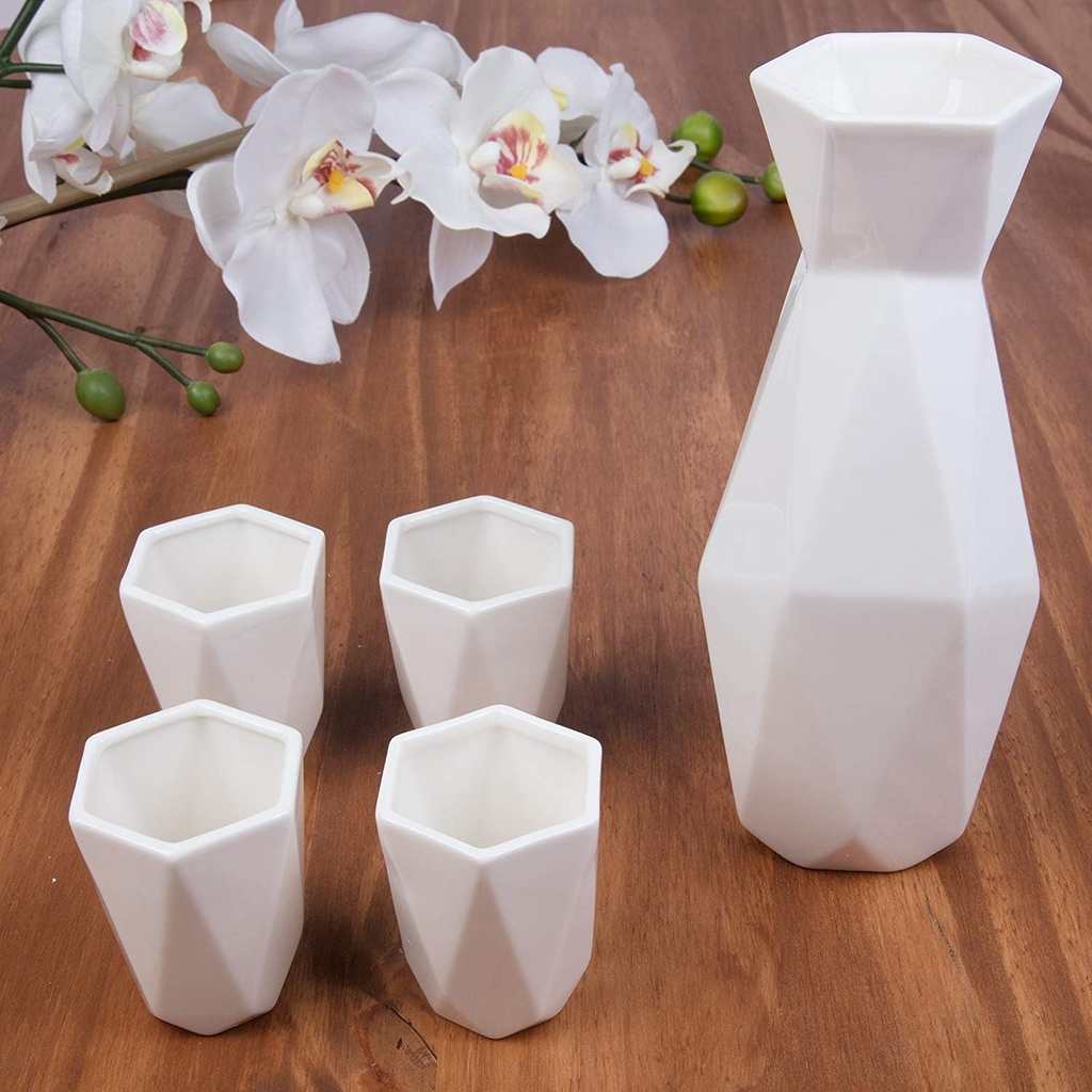 Deco 5 Piece Traditional Porcelain Japanese Sake Set, White- 1 Tokkuri Bottle (18 oz) & 4 Ochko Cups- Unique Modern Design for Tea & Drinkware- Great for Weddings, Housewarmings or Xmas Holiday Gift