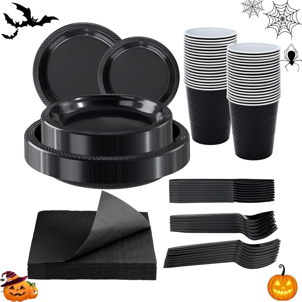 WELLIFE 210Pcs Black Plastic Plates, Disposable Dinnerware Set, Party Supplies Including Black plates, 12oz Cups, plastic Cutlery and Napkins Serve 30 Guests, Plastic Plates for Party and Halloween