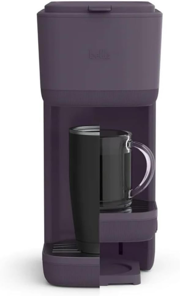 Single-Serve Bella Coffee Maker – Compact 6oz–14oz Brewer for Ground Coffee or Pods, One-Touch Operation, Adjustable Drip Tray, 35oz Water Tank, Travel Mug Friendly, Dishwasher-Safe Parts (Plum)