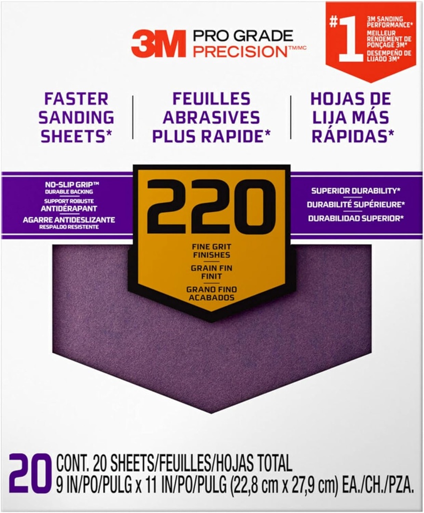 3M Advanced Sandpaper, 20 Sheets, 220 Grit, 3M Pro Grade Precision, Features No-Slip Grip Backing, 9-in x 11-in, For Sanding Wood, Drywall, or Metal, Can be Used on Wet or Dry Surfaces (26220CP-P-G)