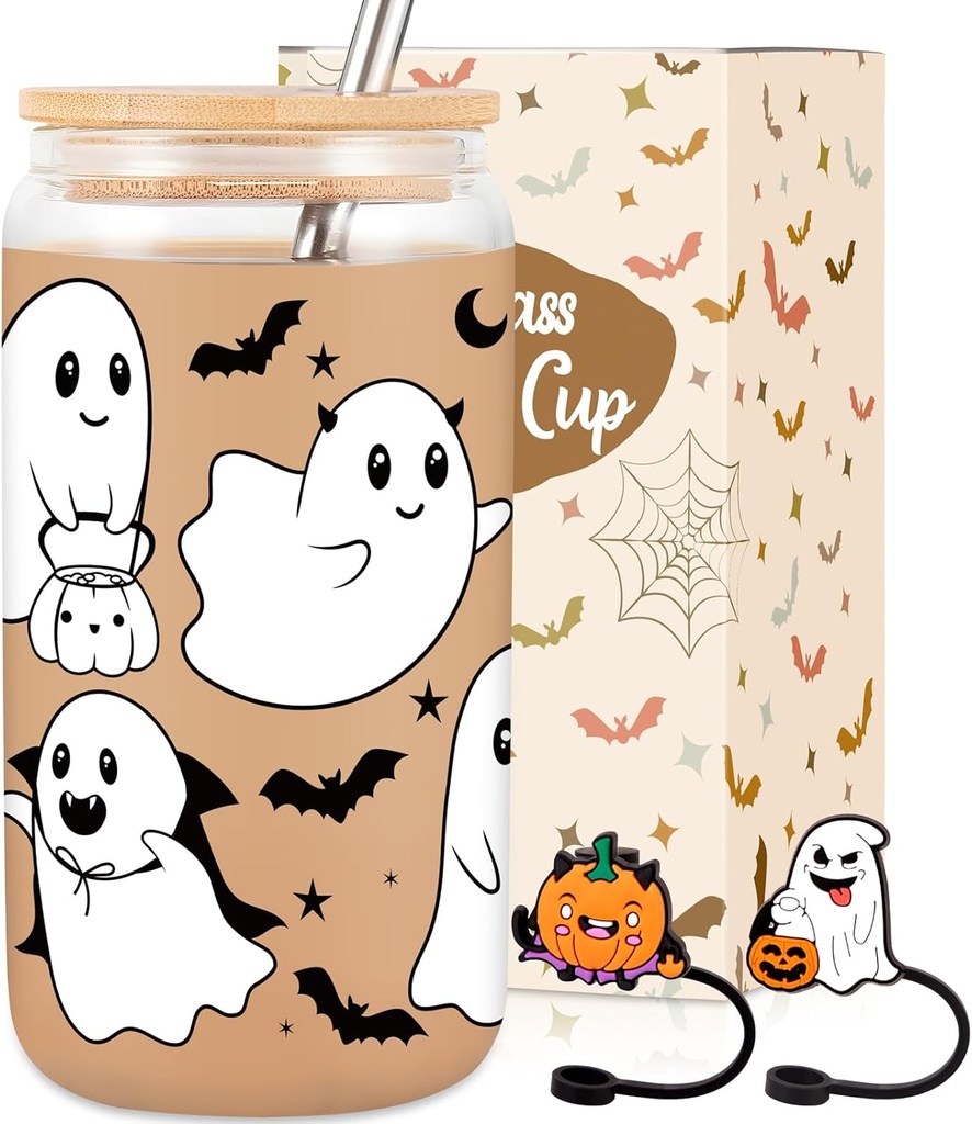 Halloween Cups Gifts 18oz Glass Cup with Lid Straw and Caps Spooky Ghost Iced Coffee Mug for Women Teen(Black)