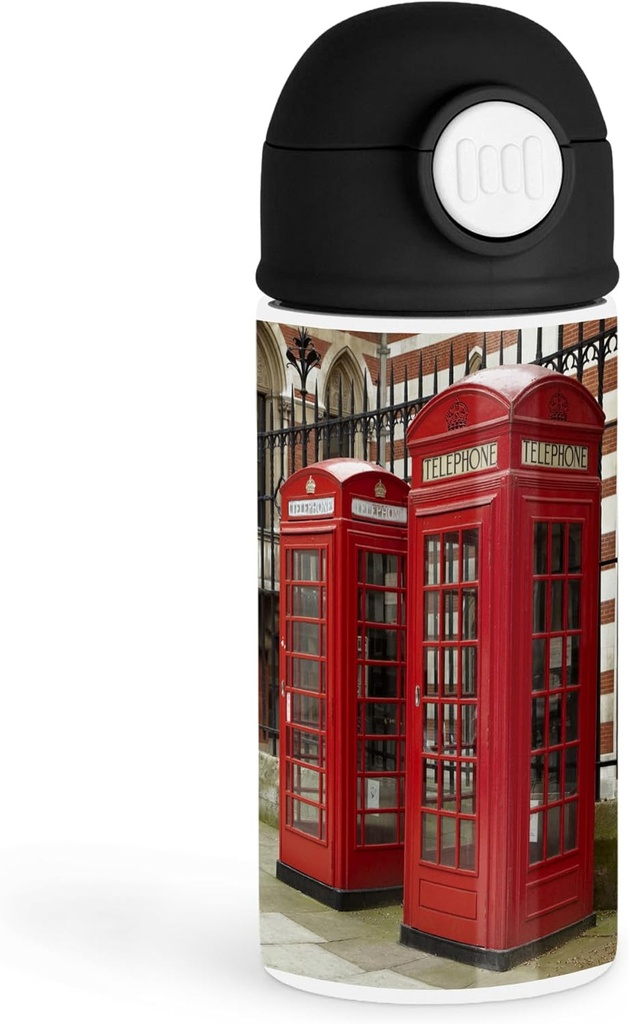 Sentimental London Enthusiast 12oz Kids Black Bottle – Red telephone boxes in a classic London street. – Travel Adventure, School Lunch