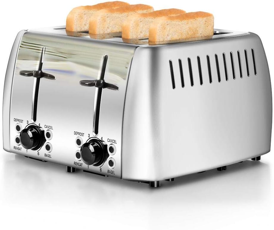 Toaster 4 Slice Stainless Steel Bagel Toaster Extra Wide Slots with 6 Browning Setting, Bagel/Reheat/Defrost/Cancel Function for Toasting Bread, Bagels and Waffles, 1500W, Silver