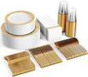 FOCUSLINE 350 Ct Gold Dinnerware Set for 50 Guests, Gold Lace Plastic Plates Disposable Heavy Duty, Including 50 Dinner & Dessert Plates, Cups, Napkins, Cutlery Set