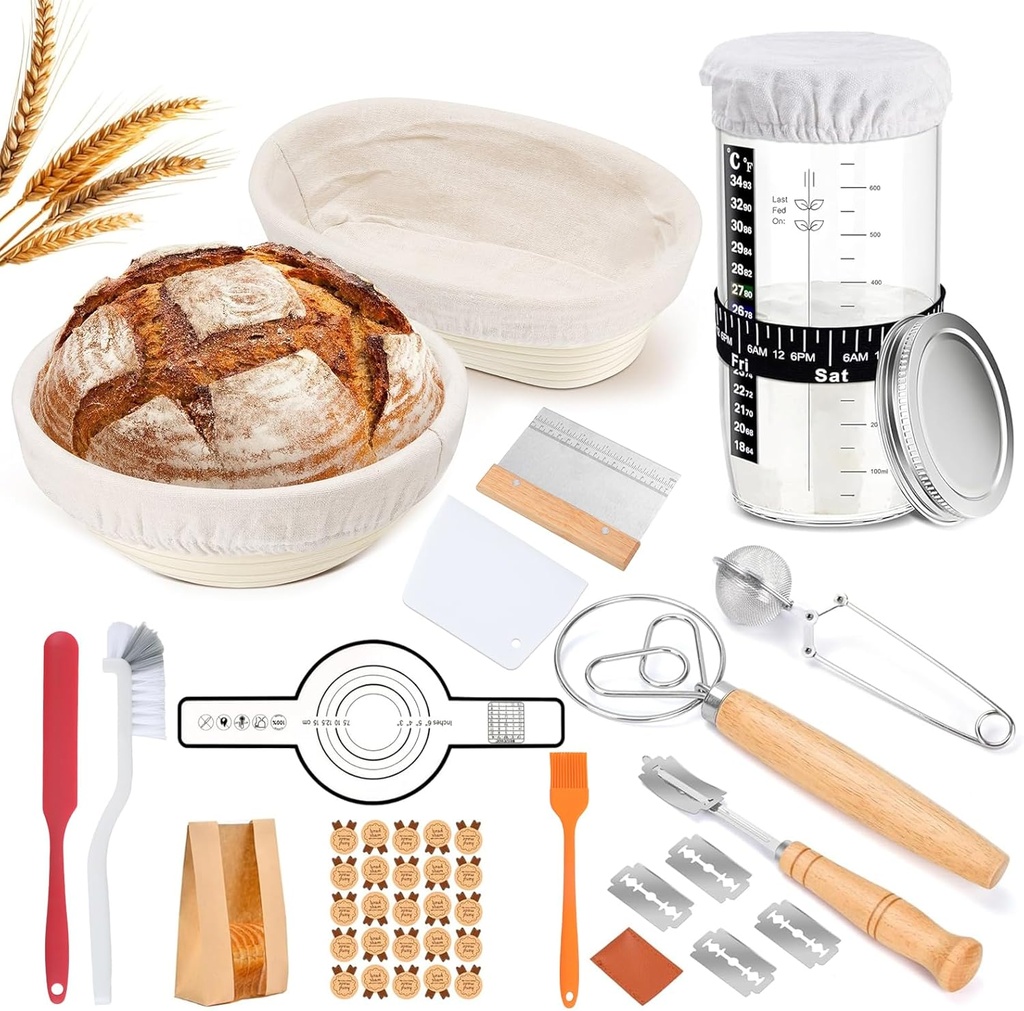 Bread Starter Sourdough Basket Kit: GEEKHOM 12-Piece Set with 2 Baskets (9 inches Round/10 inches Oval), 650ml Jar – Great for Home Baking