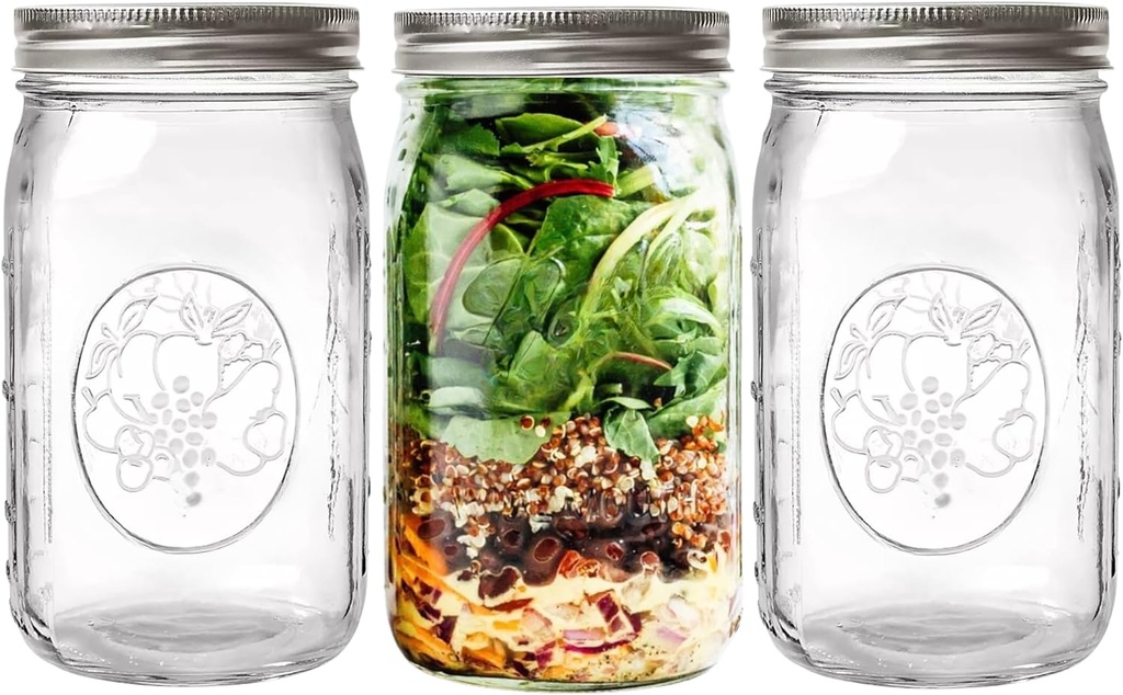 Wide Mouth Mason Jars 32 oz - 3 Pack - Quart Size Jars with Airtight Lids and Bands for Canning, Fermenting, Pickling, DIY Decors, Microwave & Dishwasher Safe, Clear.