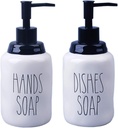 Dishes and Hands Soap Dispenser Set – Farmhouse Style Ceramic Liquid Dispenser Bottles, Perfect for Kitchen Counter or Kitchen Sink Décor (16oz, White Bottles with Black Pump and Lettering)