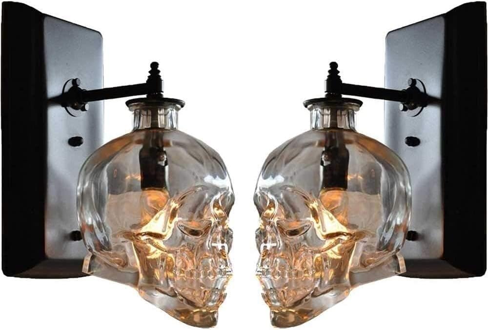 2 Pcs Set Nordic Decoration Classical Sconces Wall Lighting Glass Skull Wall Lamp Vintage Cool Decor Gothic Wall Mounted Lighting Fixture for Boy Kids Bedroom Living Room Bar Hallway