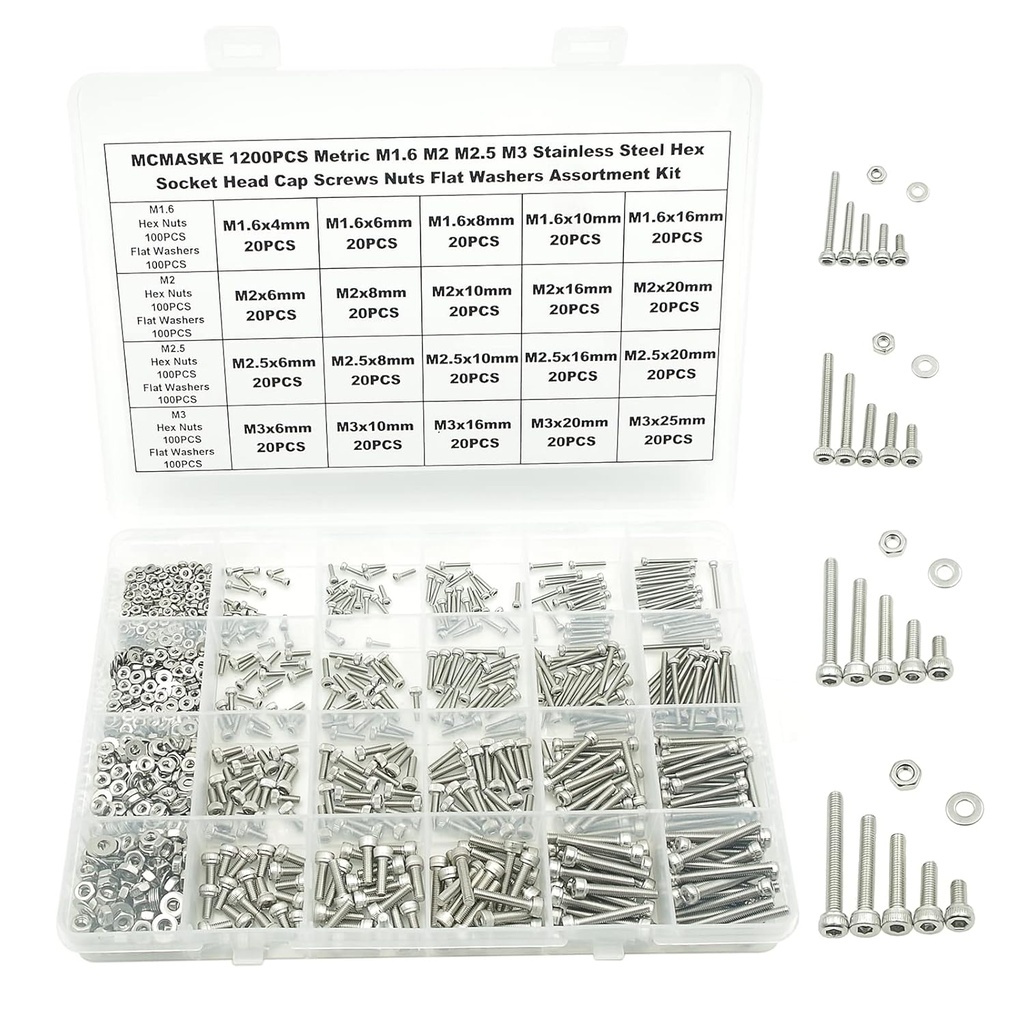 1200PCS M1.6 M2 M2.5 M3 Stainless Steel Hex Socket Head Cap Screws Nuts Flat Washers Assortment Kit
