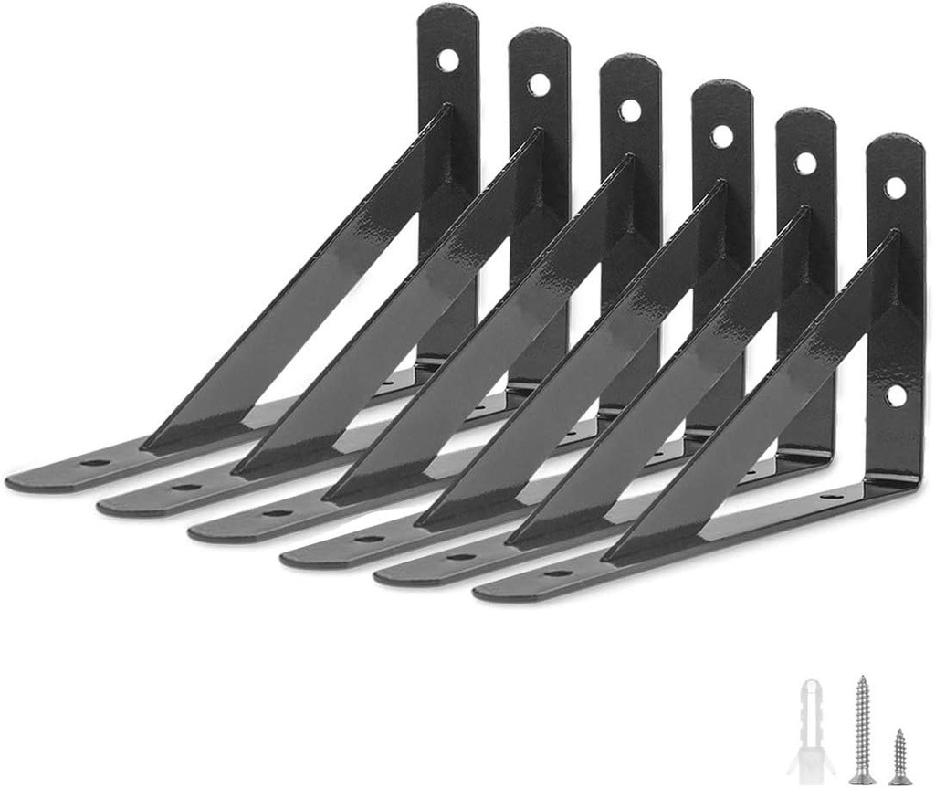 Heavy Duty Shelf Brackets 6 Packs, Eau L Corner Brace Black 4 X 6 Inch 90 Degree Floating Shelves, Tripod Triangle Shelf Brackets for Floating Wood Shelves
