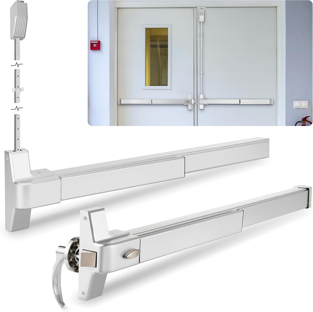 IRONWALLS Commercial Door Push Bar Panic Exit Device with Lever 27.5” and Stainless Steel Panic Bar with Vertical Rod for 27”-41” Doors, Heavy Duty Emergency Exit Door Panic Hardware, Silver