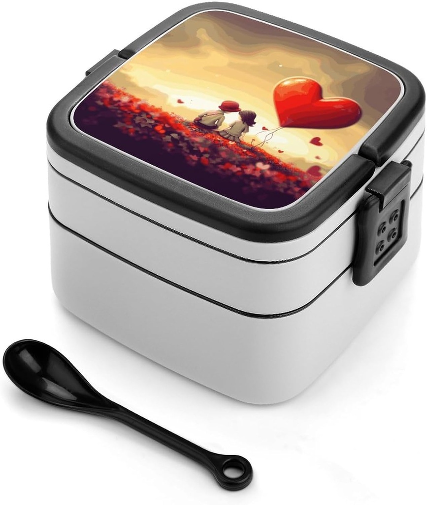 Bento Box Stackable Lunch Box with 2 Compartments Leak-Proof Food Storage Containers Love Couple Bento Lunch Box for Adults Lunch Containers with Utensil Set