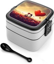Bento Box Stackable Lunch Box with 2 Compartments Leak-Proof Food Storage Containers Love Couple Bento Lunch Box for Adults Lunch Containers with Utensil Set