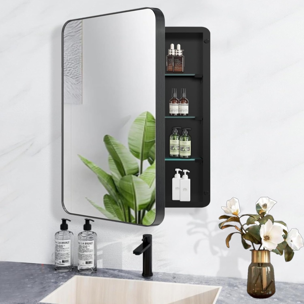 Black Metal Framed Recessed Bathroom Medicine Cabinet with Mirror Rounded Rectangle Bathroom Medicine Cabinet 20x26 inch