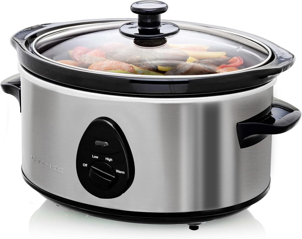 OVENTE Electric Slow Cooker with 3 Cooking Settings, Non-Stick and Dishwasher Safe Stoneware, Stainless Steel Body, Glass Lid, 3.7 Qt Oval Pot for Entrees, Soups, Sauces, Stews & Dips, Silver SLO35ABR