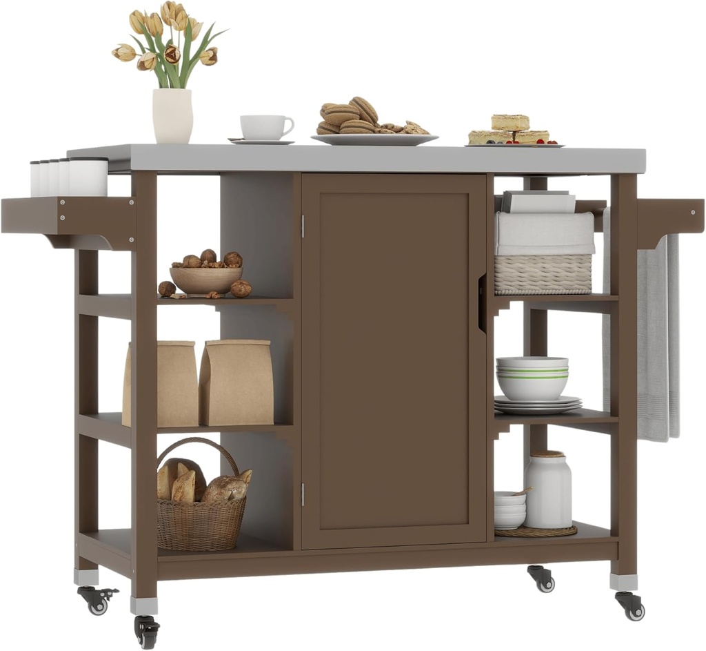 DWVO Outdoor Solid Wood Kitchen Island Grill Cart Movable with Stainless Steel Top and Spice Rack for Patio, Garden, Porch, Balcony, Outdoor Kitchen Island Bar Cart, Easy to DIY Color, Brown