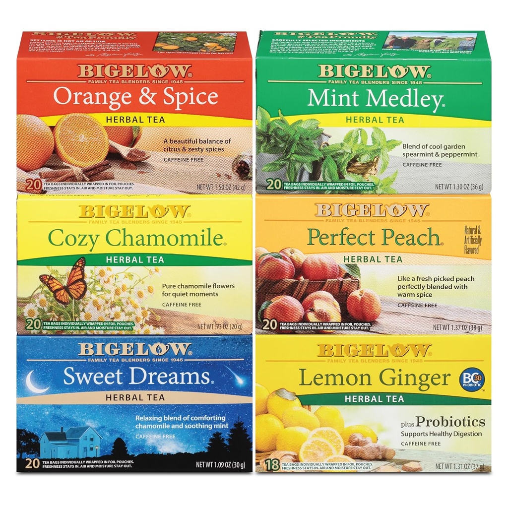 Bigelow Tea Caffeine Free 6 Flavor Herbal Tea Variety Pack, Decaf Tea with Mint Medley, Cozy Chamomile, Orange and Spice, Sweet Dreams, Perfect Peach, and Lemon Ginger, (Pack of 6), 118 Total Tea Bags