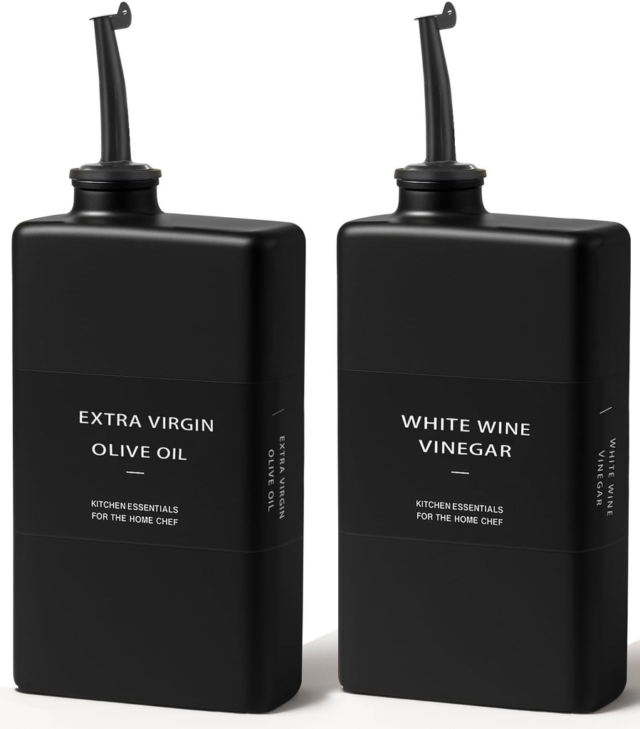 Olive Oil Dispenser Bottles for Kitchen 11.8oz, Glass Oil Bottles and Vinegar Dispenser Set, Decorative Cooking Oil Cruet, Modern Kitchen Decor (Black, Set of 2)