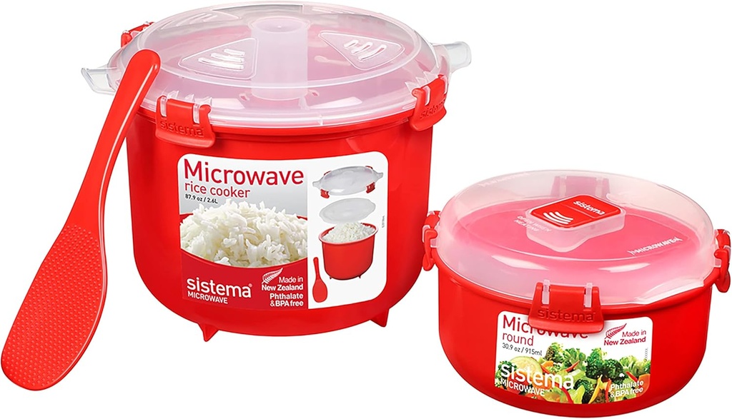 Sistema Microwave Rice Cooker & Round Microwave Food Container Set | 2.6L, 915ml | Food Containers with Steam-Release Vents | BPA-Free | 2 Count