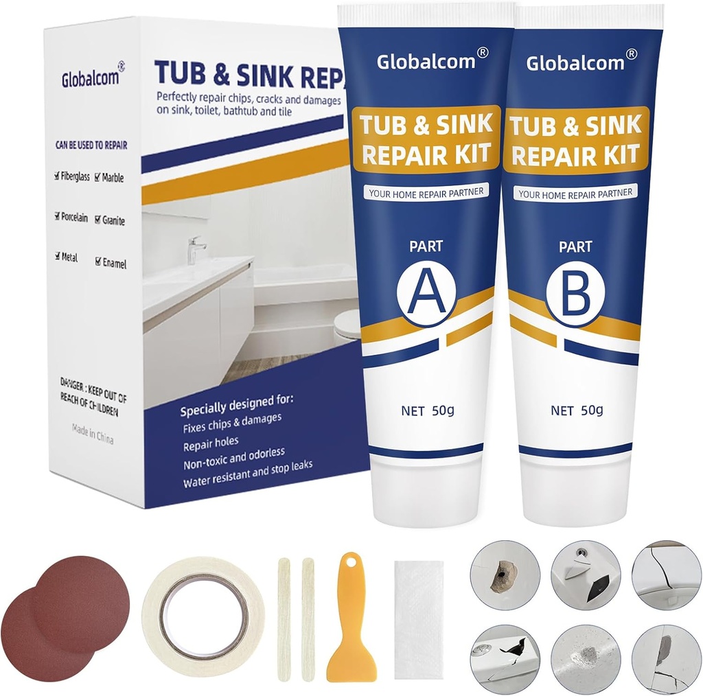 Tub Repair Kit White, Fiberglass Shower tub and Porcelain Sink Repair Kit, Acrylic, Enamel, Ceramics Tile Toilet and Shower Bath Repair Kit, Repair Cracks, Fragments, Holes and pits