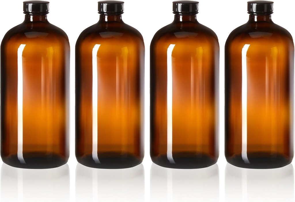 kitchentoolz 32oz Amber Glass Bottles - Air Tight Seal Lids - Quart-Sized Brown Glass Growlers for Beer, Kombucha, and Juice Storage - Pack of 4