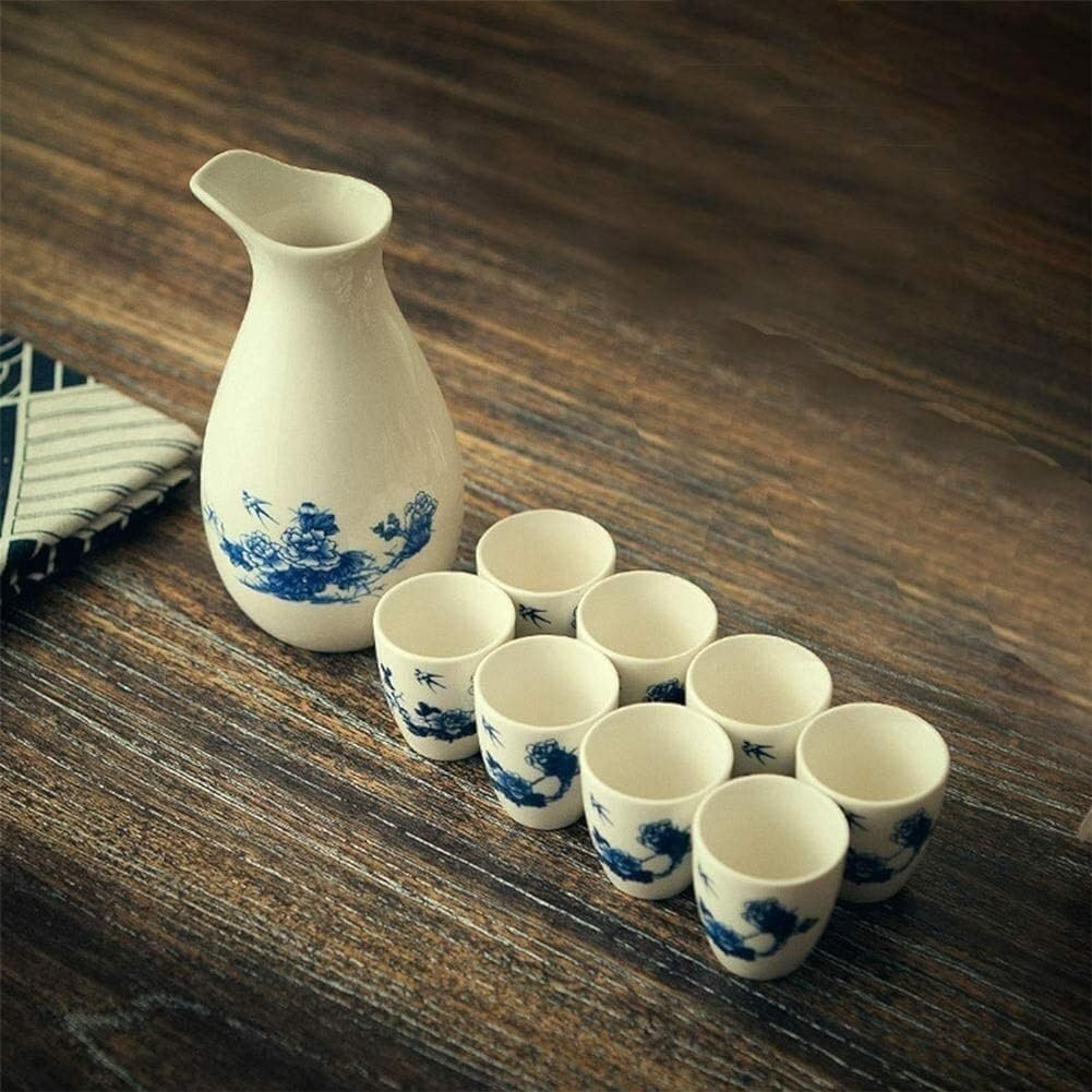 9-Piece Hand-Painted Ceramic Sake Set, Japanese Style, Ink Wind Design with Black Tray