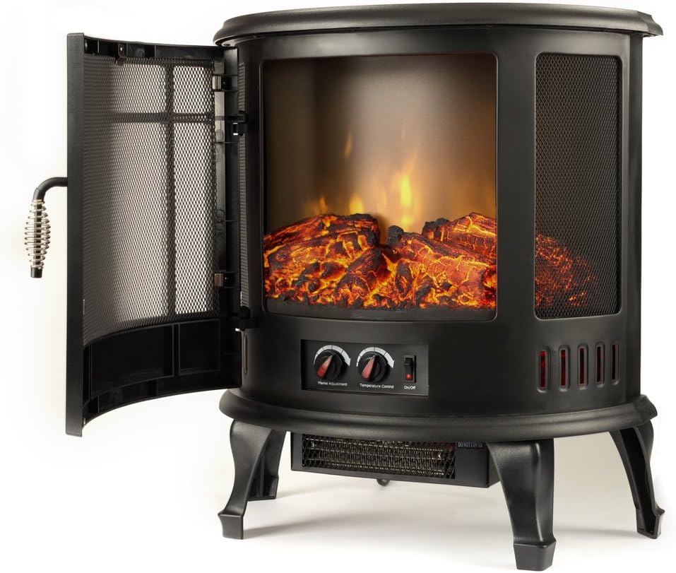 e-Flame USA Regal Freestanding Electric Fireplace Stove - 3-D Log and Fire Effect (Black)